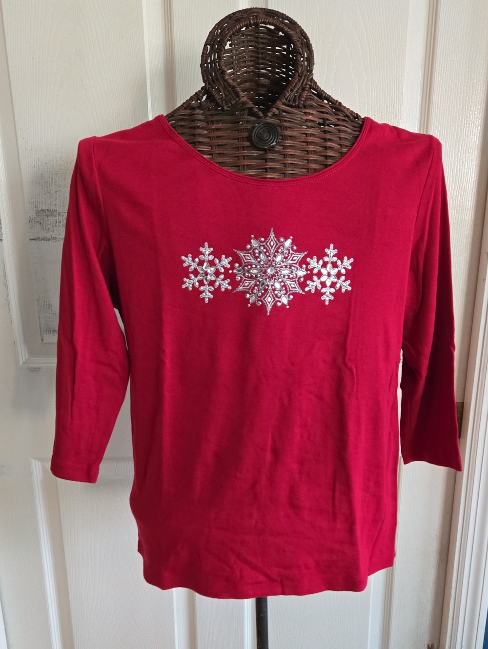 Karen Scott Women's Red Long Sleeve Crewneck Top with Crystal Snowflake Motif